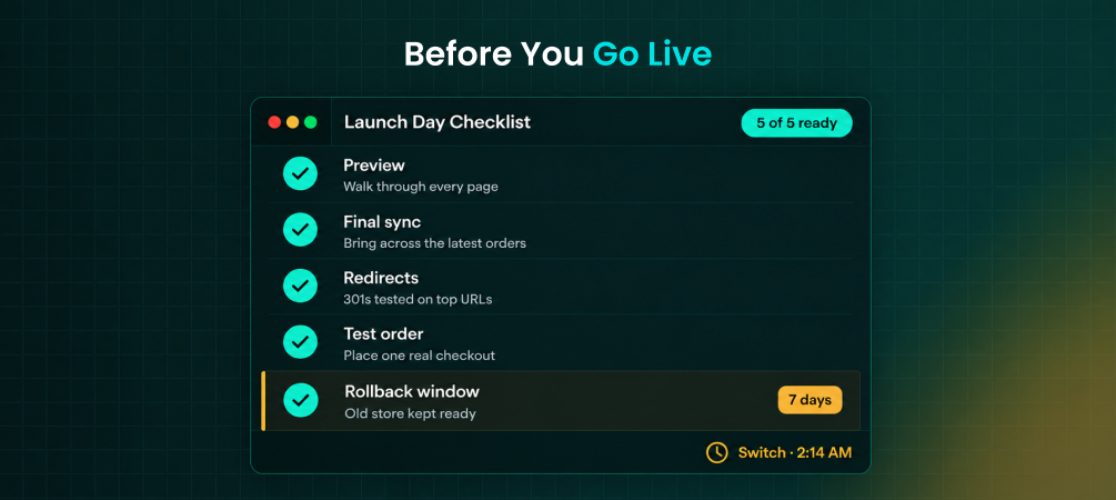 Launch day checklist for switching ecommerce platforms without customer disruption